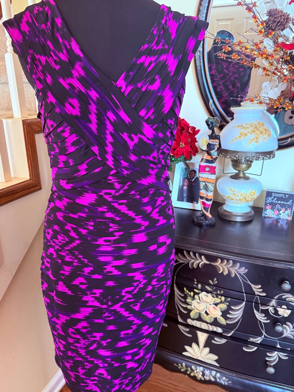 London Times Sleeveless V-Neck Wrap Dress in Black and Purple